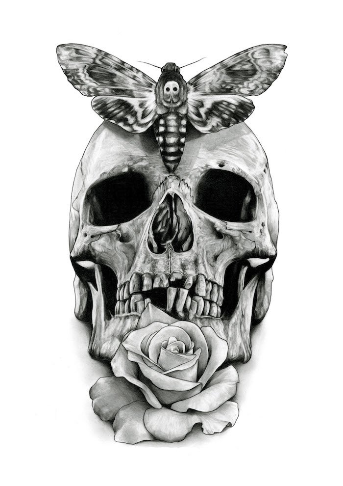 Tattoo skull skull mexican template black white rose butterfly