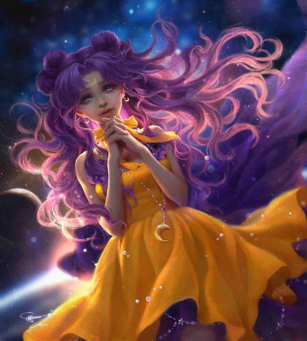 Paslaptingas, bet gražus. Sailor Moon menas pagal sunmomo. Rožinės ir purpurinės spalvos atspalviais plaukuoti plaukai suteikia kontrastą tiek Sailor Moon, tiek Chibiusa.