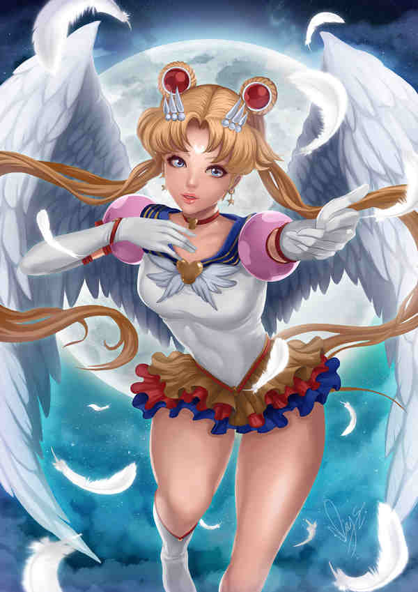 Įspūdingas „Sailor Moon“ menas, sukurtas magion02. Sailor Moon išskleidžia savo sparnus ir kviečia jus prisijungti prie jos siekio išgelbėti Saulės sistemą.