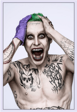 Savižudžių būrio pokštas (Jaredas Leto), padengtas tatuiruotėmis.