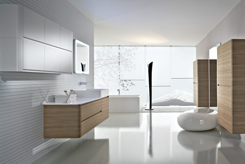 moderní design koupelny béžová hnědá dřevěná skříň
