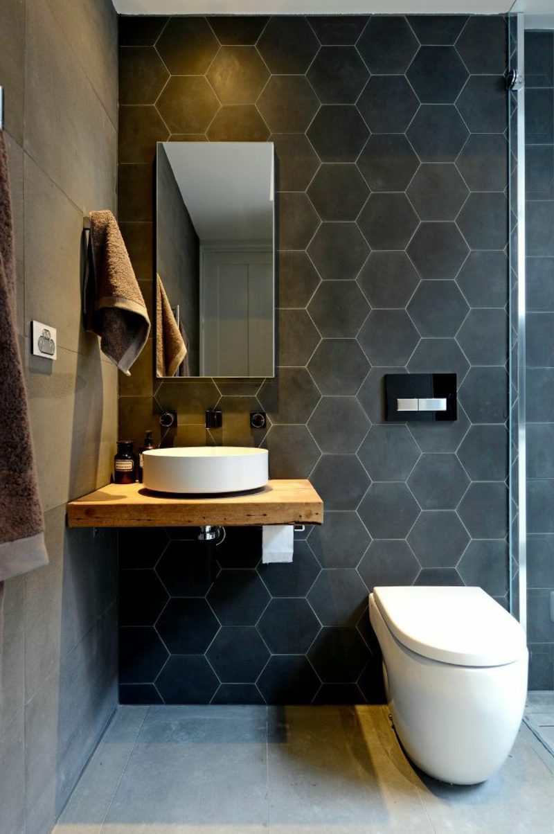 Zařízení moderní koupelnové šedé obklady na dřevěné umyvadlo