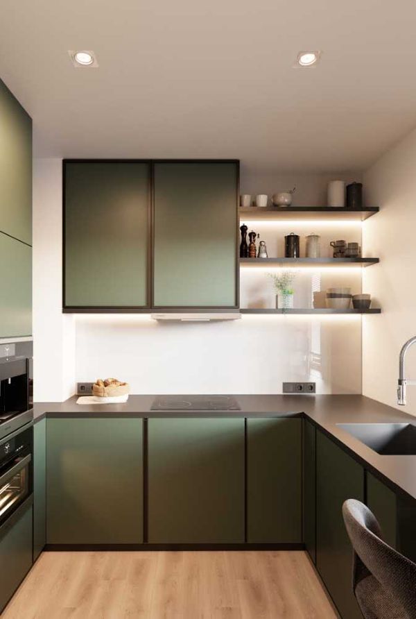 צבע אפור -ירוק סופר מודרני - רעיונות למטבח בצורת U