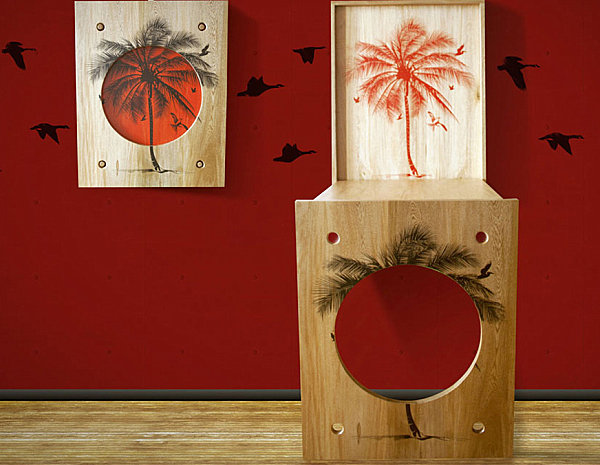 ekologická červená stěna dřevo palmy dům dekorace