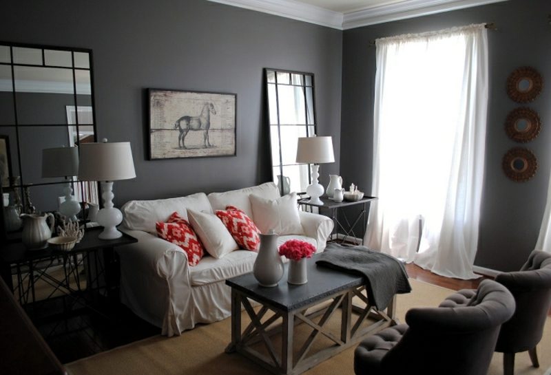 šedá stěna obývací pokoj moderní vzhled