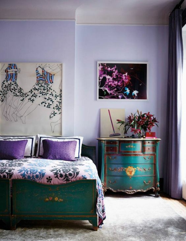veggfarge lilla moderne soveområde vintage -elementer