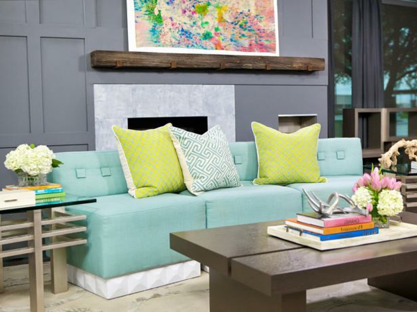 nápady na barvy obývacího pokoje tyrkysová neonově žlutá břidlicově šedá