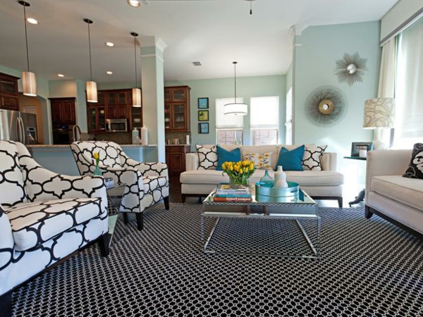nápady na barvy obývacího pokoje černá bílá prášková modrá