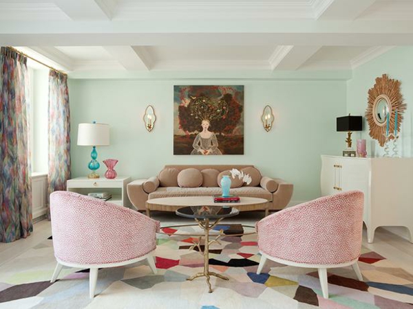 nápady na barvy obývacího pokoje máta zelená růžová