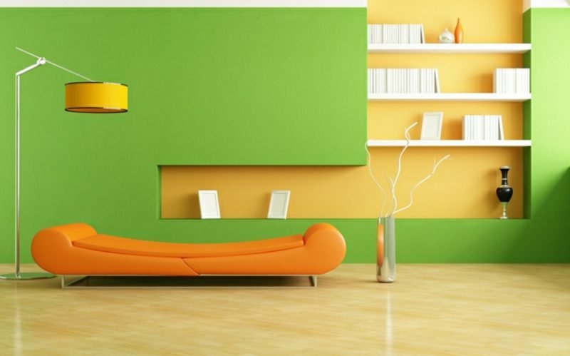Zbarvení obývacího pokoje harmonicky oranžově zeleně žlutě