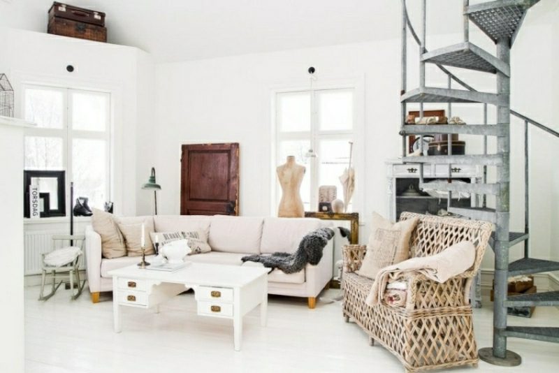 Obývací pokoje navrhují neutrální barvy skandinávského stylu zařizování