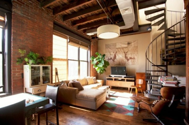 Obývací pokoj design originální ocelové schody industriální styl
