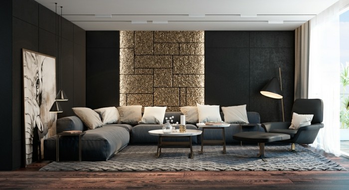 nápady na design obývacího pokoje v černé barvě