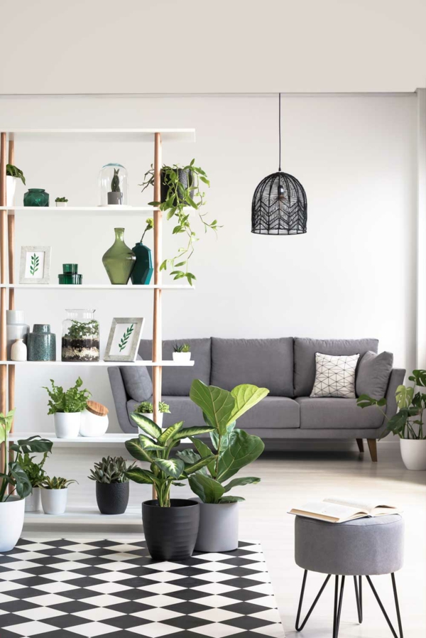 rom dekorere ideer stue deco ideer planter grå møbler